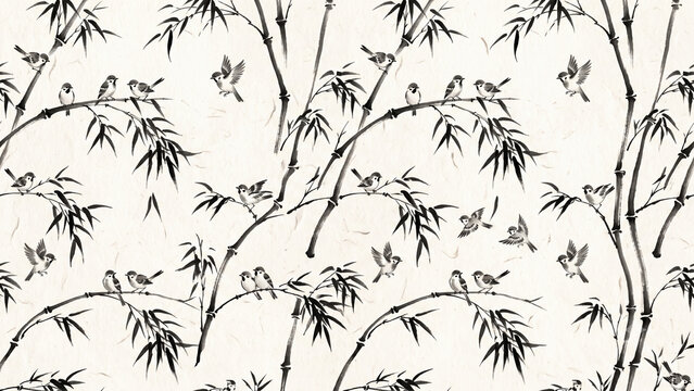 Chinese Ink Painting Pattern with Bamboo Trees and Birds in Black and White - Traditional Sumi-e Design