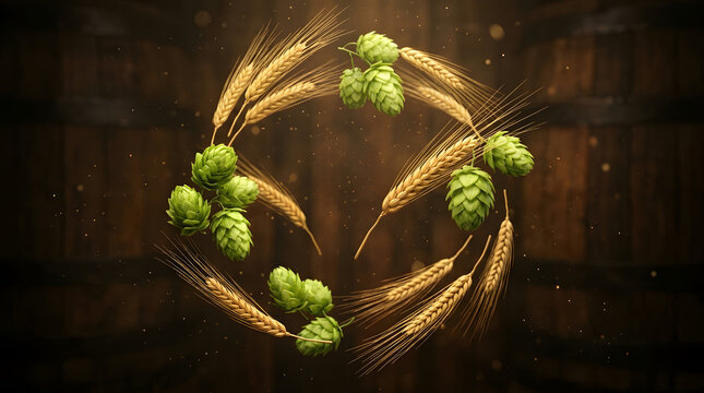 Beer hops and wheat ears wreath on dark wooden barrel background