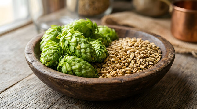 Fresh green beer hops and malted barley grains in a rustic wooden bowl for brewing