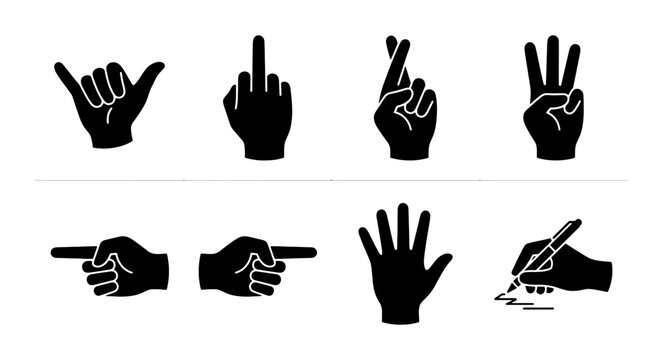 Gesture Icons Set: Shaka, Middle Finger, Crossed Fingers, Three Fingers, Pointing Hands, Open Palm, Writing Hand, Silhouette Collection for Communication and Expression