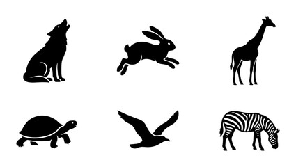 Fototapeta premium Diverse Animal Silhouettes Collection, Wildlife Icons Set, Mammal and Bird Vector Graphics, Nature Elements for Design
