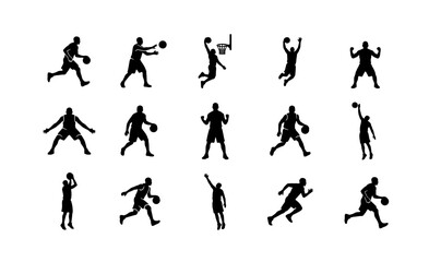 Basketball Player Silhouettes, Dynamic Action Poses Vector Set: Dribbling, Shooting, Jumping, Slam Dunking, Running, Sports Graphics, Athlete Figures © Samiul