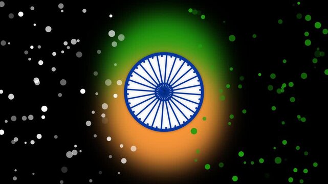Indian flag ashoka chakra symbol with glowing orange green and white bokeh lights background for independence day and republic day celebration graphic design