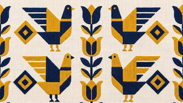 Seamless folk embroidery pattern featuring stylized navy and mustard birds, tulips and diamond motifs on linen texture