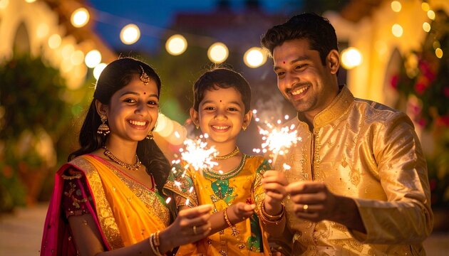 Family celebrates Diwali with sparklers, creating a warm and joyful atmosphere.