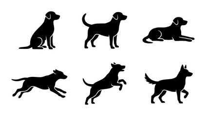 Fototapeta premium Six Silhouette Dog Icons, Canine Poses Vector Set, Animal Graphics for Pet Lovers, Black Dog Breed Illustrations