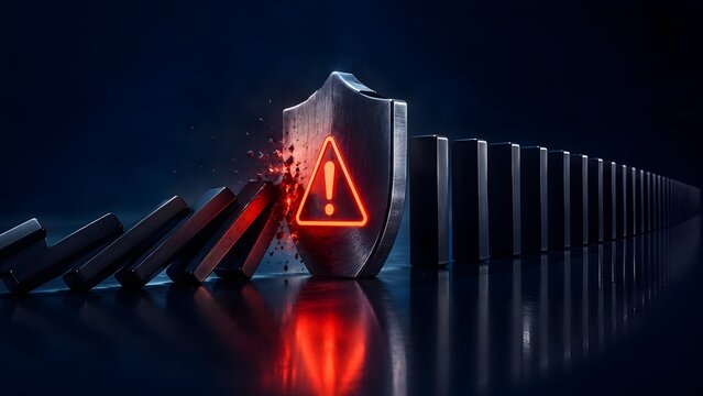 Risk management strategy showing a strong metallic shield stopping a falling domino chain reaction to prevent corporate disaster