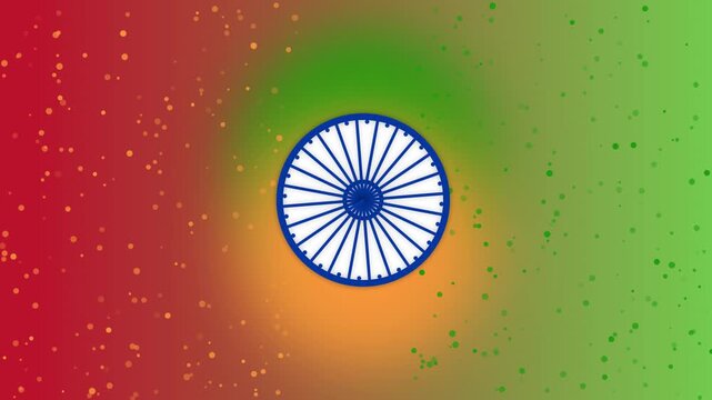 Ashoka chakra symbol of india with a festive orange and green gradient background with particles for independence day and republic day celebrations