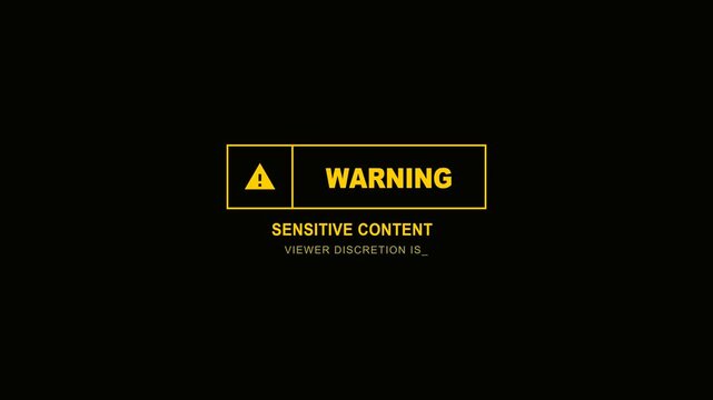 Yellow hazard sensitive content warning sign typing effect watch guideline animation 4k motion graphics broadcast overlay