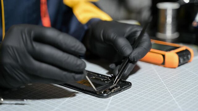 Professional technician repairing a smartphone using a multimeter for circuit diagnostics in an electronics workshop. Ideal for technology, repair service, and engineering