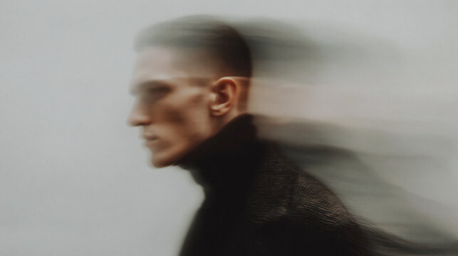 Pensive man in a dark turtleneck looking sideways as his head dissolves into soft motion blur against a plain neutral background to create a feeling of emotional confusion.