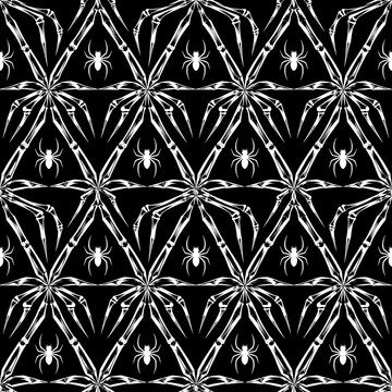 Halloween (Helloween) Pattern Seamless background vector spider skeleton leg gothic dark creepy black white tileable texture design