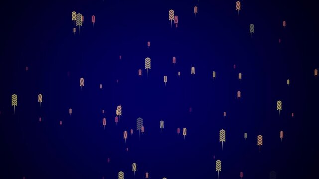 A dark navy blue background is filled with a scattered pattern of small upward-pointing chevron shapes in muted yellow, red, and grey tones, suggesting growth or forward movement in a subtle abstract