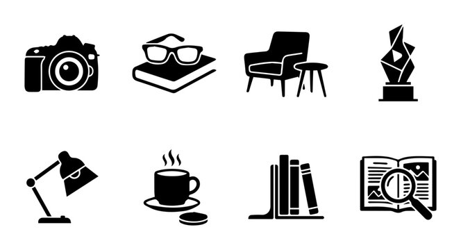 Modern Icon Set: Camera, Glasses, Armchair, Sculpture, Desk Lamp, Coffee Cup, Bookends, Magnifying Glass, Minimalist Vector Graphics for Design and Lifestyle