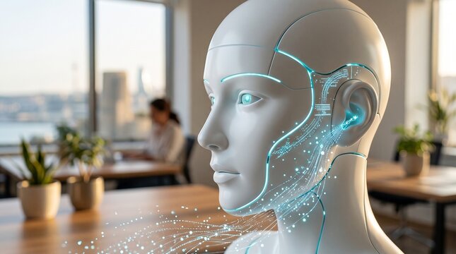 Close-up portrait of a humanoid robot head with glowing blue circuits and data streams, representing advanced artificial intelligence and future technology in a modern office setting.