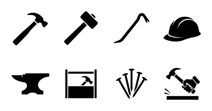 Construction Tools and Hardware Icons: Hammer, Sledgehammer, Crowbar, Hard Hat, Anvil, Toolbox, Nails, Blacksmithing Vector Set