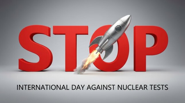 Stop red text with a silver rocket ship for international day against nuclear tests