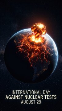 Earth planet surface exploding with a massive nuclear blast for international day against nuclear tests on august 29