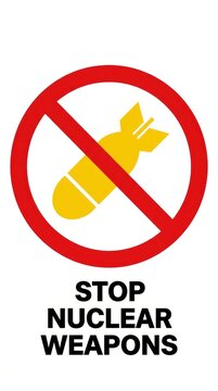 Stop nuclear weapons sign with a yellow bomb icon inside a red forbidden circle