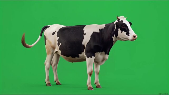 Horned holstein dairy cow standing on a green screen background 4K video for video editing