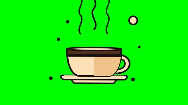 Flat line vector illustration of a steaming hot coffee mug on saucer isolated on a green screen background