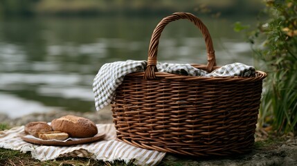 Obraz premium A wicker picnic basket sits beside a calm lake with bread on a cloth nearby evoking peaceful outdoor relaxation