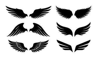 Fototapeta premium Set of Six Black Angel Wings Vector Icons, Diverse Styles for Graphic Design Projects, Fantasy and Mythology Elements