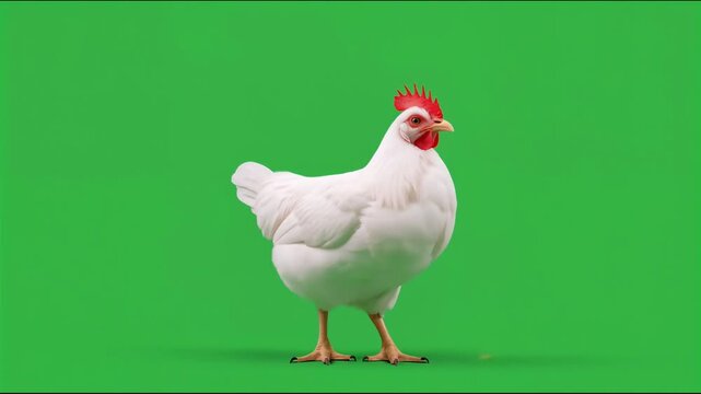 White chicken standing facing forward isolated on green screen 4K video for video editing