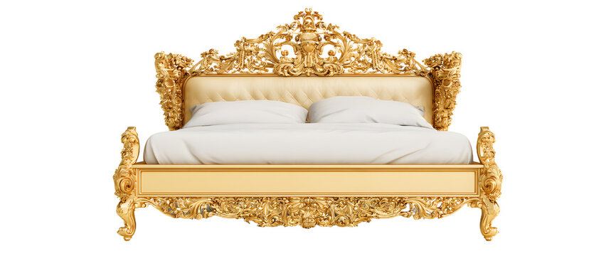 An ornate golden bed was displayed against a white backdrop