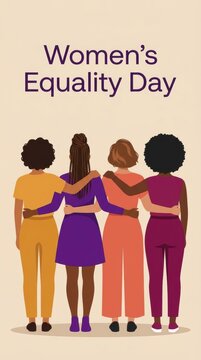 Women equality day illustration with a diverse group of four women standing together with their arms around each other for unity and support