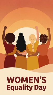 Diverse group of women standing together with arms raised in unity for women equality day celebration