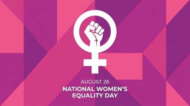National women equality day concept with female symbol and raised fist on a geometric purple background