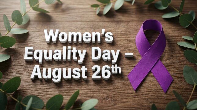 Purple awareness ribbon for women's equality day on august 26th on a wooden table with green leaves
