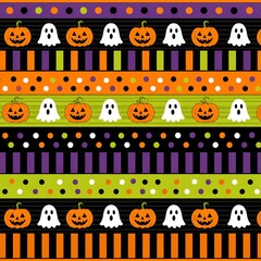 Naklejka premium Halloween (Helloween) Pattern Seamless background with cute pumpkins, ghosts, stripes, and polka dots