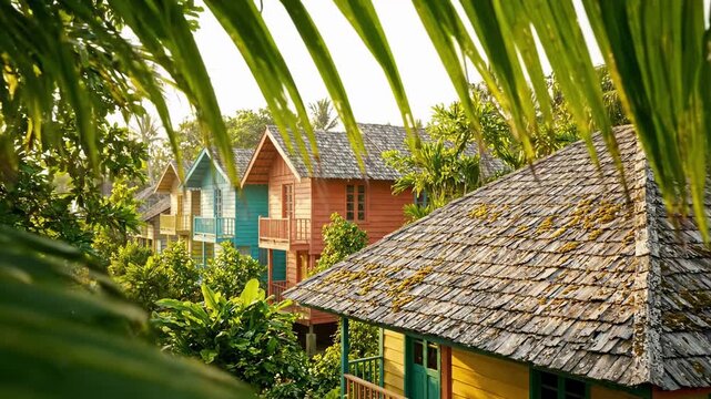 Tropical palm fronds framing weathered shingle roofs and colorful wooden bungalows in warm golden sunlight with lush garden layers, wet leaf detail, and secluded resort atmosphere.