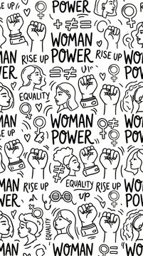 Seamless pattern with woman power feminism symbols and raised fists for equality