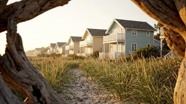A serene beachside residential area featuring driftwood positioned variously in the foreground, with a row of houses in the background. The scene is characterized by natural elements like.