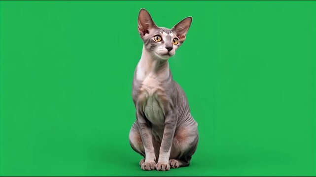 Hairless sphynx cat sitting front view against green screen 4K video for video editing