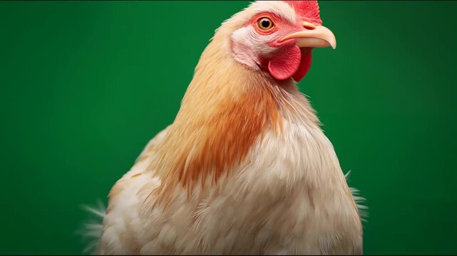 Close-up portrait of a fluffy hen with light brown feathers and red comb against a 4K video for video editing