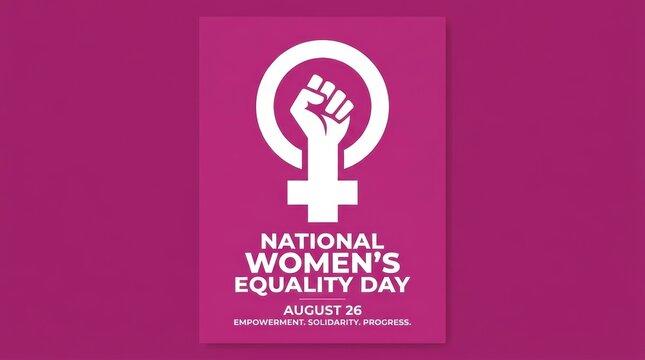 National womens equality day poster with a raised fist symbol for female empowerment and social progress on a bold purple background
