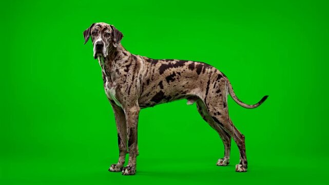 Harlequin great dane dog standing on green screen background 4K video for video editing