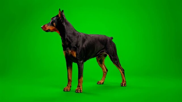 Alert doberman pinscher dog standing on chroma key green background 4K video for video editing