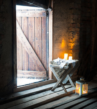 Manger in the barn. Christmas background