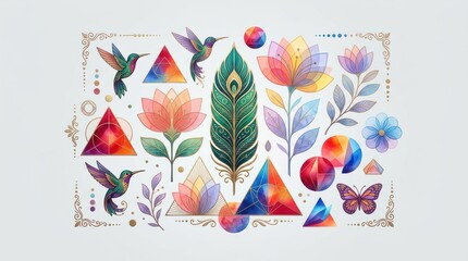 Obraz premium Watercolor nature elements and geometric shapes