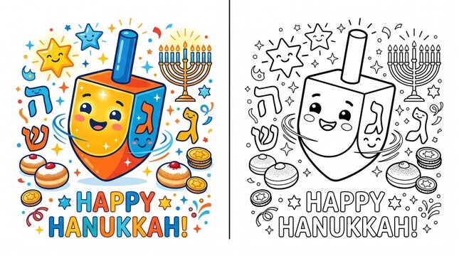 Colorful Hanukkah dreidel illustration with smiling faces and stars, paired with identical black-and-white outline version for coloring.