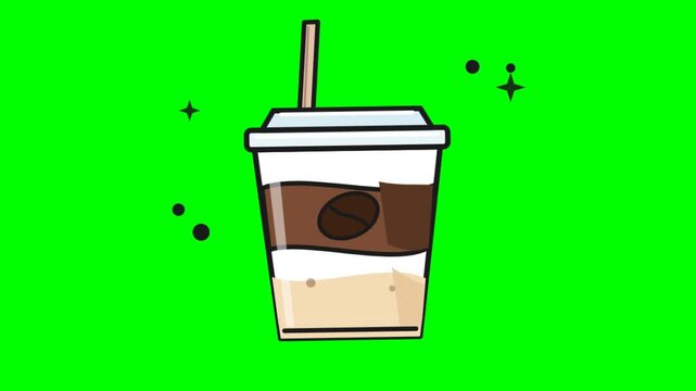 A vibrant vector illustration of a takeout coffee cup with a straw against a green screen background for digital design