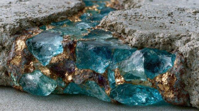 Turquoise Crystals Embedded in Textured Concrete and Gold