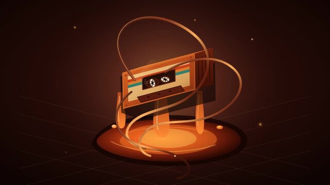 Animated retro cassette tape with melting squash and stretch effect floating above platform