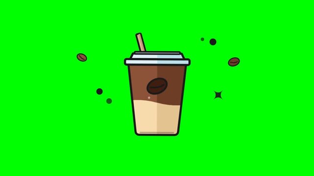 Iced coffee cup vector illustration with straw and floating coffee beans isolated on bright green chroma key background