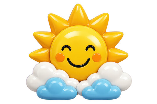Glossy smiling sun icon with white and blue clouds